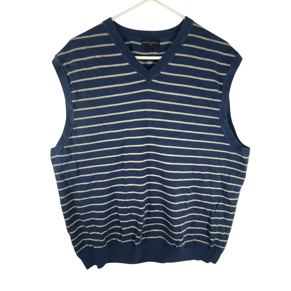 Banana Republic Sweater Vest Mens XL Blue Cotton V Neck Striped Knit Pullover